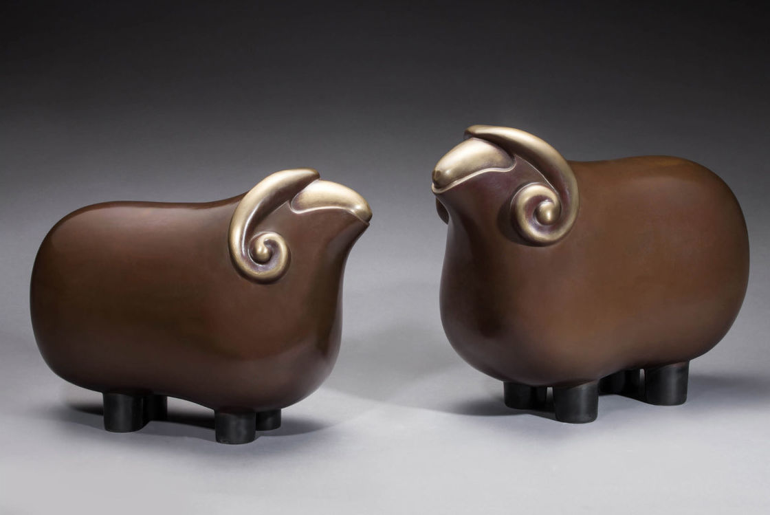 Brass Sheep Indoor Animal Statues Brown Painting Cartoon Style Office