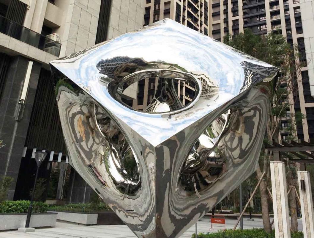 Contemporary Stainless Steel Sculpture Light Cube Highly Polished Plaza Decoration